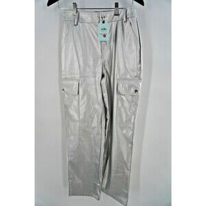 NiMin Silver Faux Leather Cargo Pants High Waisted Straight Leg Metallic NWT SzS